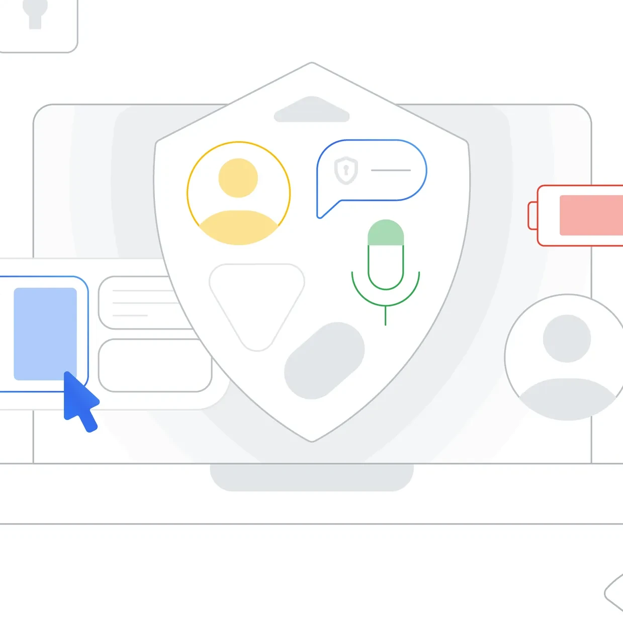 An illustration of a laptop with a large security shield on the screen. The shield contains icons for a user profile and secure messaging.