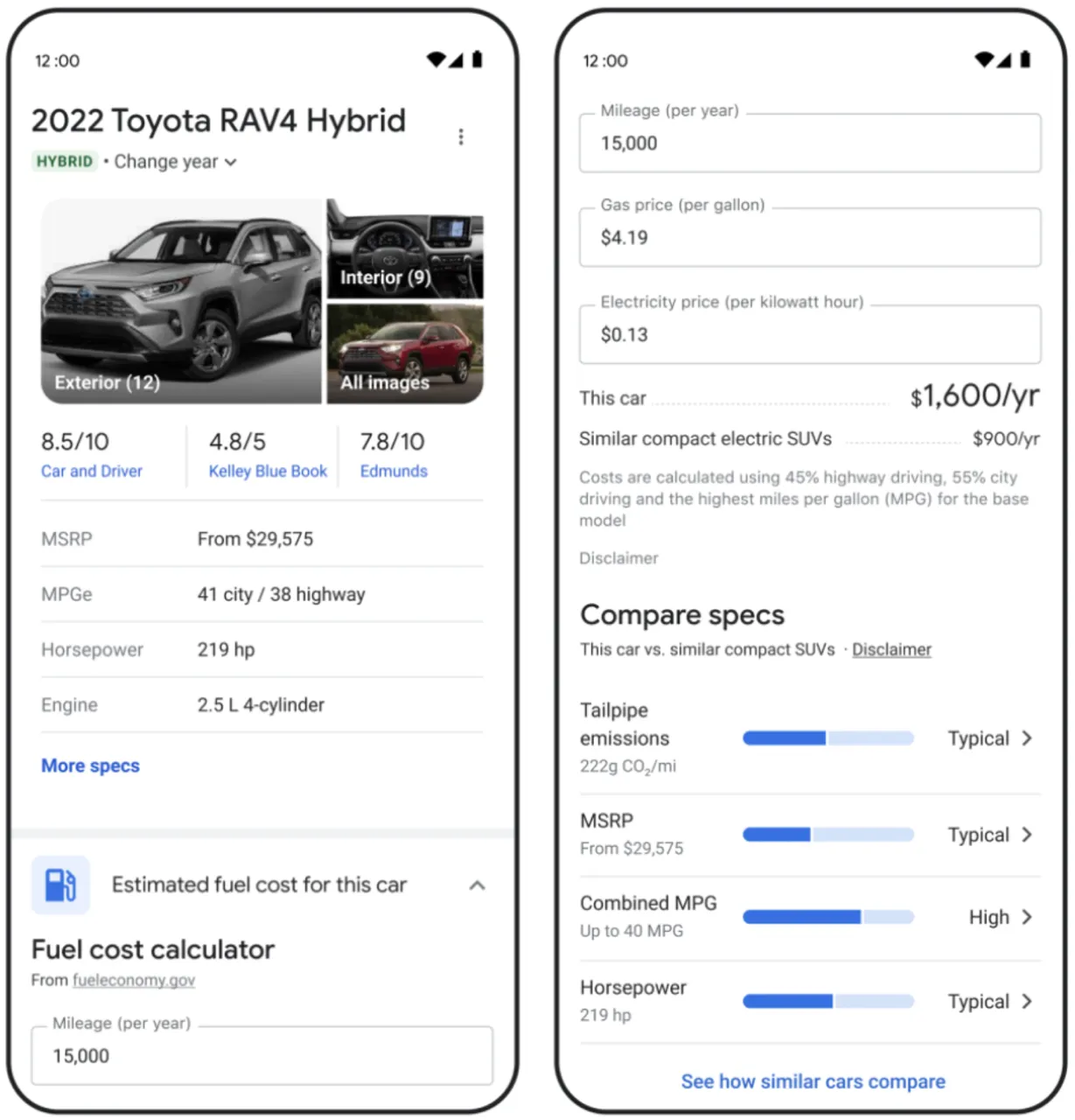 L'interface utilisateur de la recherche Google montrant comment consulter les coûts annuels de carburant ou d'énergie et les émissions estimées d'un véhicule, et les comparer à d'autres véhicules similaires.