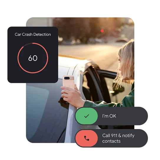 An image of an Android user standing next to their car. A &quot;Car Crash Detection&quot; alert along with buttons for &quot;I'm okay&quot; and &quot;Call 911 & notify contacts&quot; are visible.