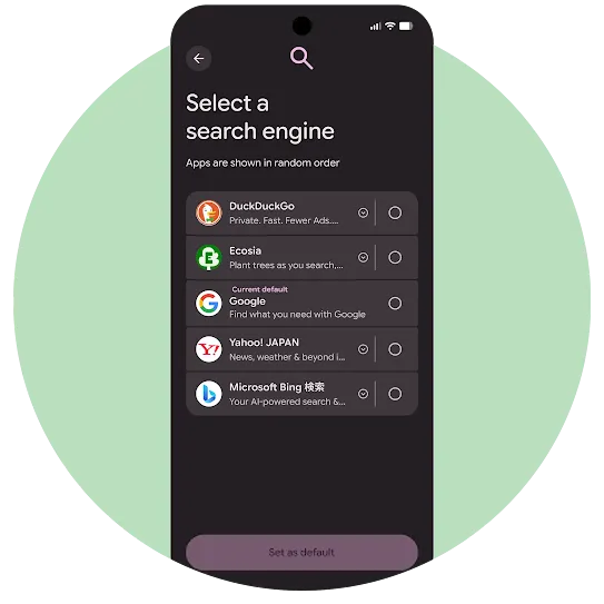 An Android mobile screen showing a list of search engines in the initial phone setup from which users can select and set their preferred default search engine.