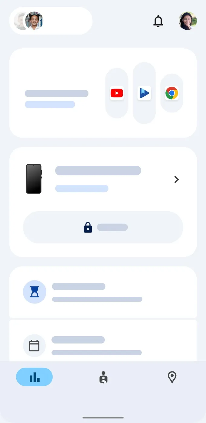 Family Link UI highlights time spent by app.