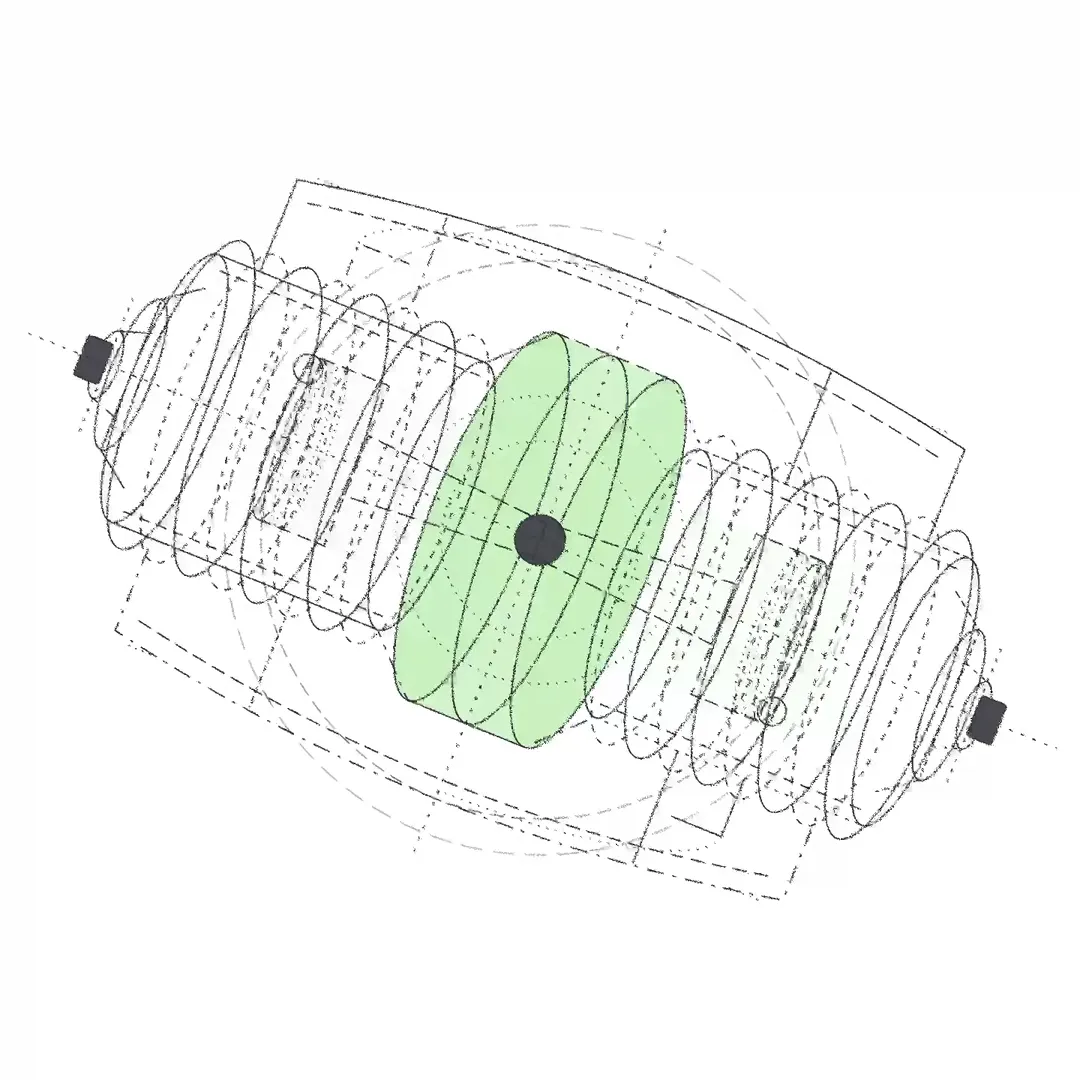 A technical wireframe diagram of a cylindrical or mechanical object with a green highlighted central section.