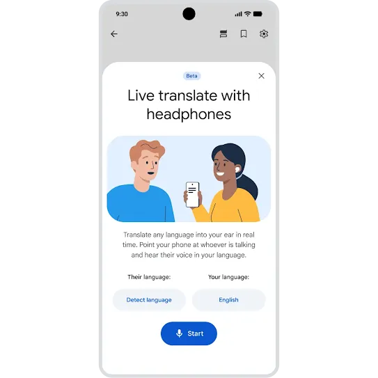 Hearing Spanish being translated into English in real-time through headphones while using Google Translate on an Android phone.