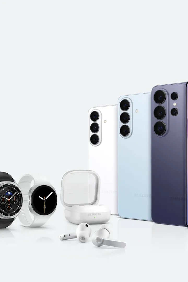 Galaxy S26 Series phones, watches, and earbuds grouped together. 