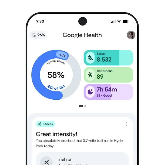 Visual of a smartphone screen with the Google Health app open, displaying a summary of a workout.