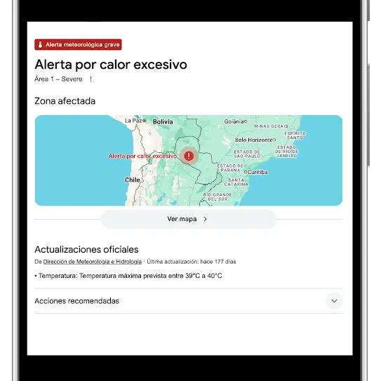 Pantalla de un smartphone en la que se muestra una alerta pública de Google por tormenta eléctrica intensa en Florida. En la interfaz, se incluye un mapa que destaca el área afectada alrededor de la ciudad de Panamá, un botón "Ver mapa" y una actualización de texto oficial del Servicio Nacional de Meteorología que indica que la alerta permanecerá vigente hasta la 1:00&nbsp;p.m. (CDT).