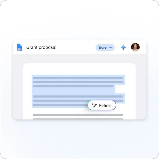 A product user interface mockup of a Google Doc open to a document titled "Grant proposal." The header panel shows a "Share" button, a blue AI star icon, and a user profile avatar. Within the document page, several lines of text are highlighted in light blue, with a rounded "Refine" button featuring a magic wand icon floating over the text.