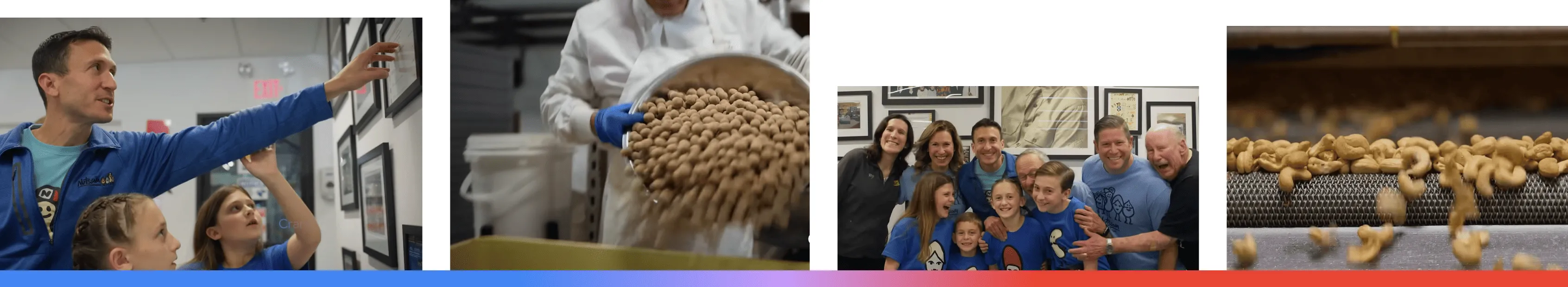 A composite of four images featuring Nuts.com in Jersey City, New Jersey, showing the family leadership sharing their history with the next generation, the high-volume food processing and packaging operation, a family group portrait, and roasted nuts on a conveyor belt highlighting their large-scale e-commerce fulfillment capabilities.