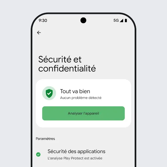 Image d'un écran de smartphone exécutant l'OS Android où les paramètres de sécurité et de confidentialité sont ouverts, affichant les résultats d'une analyse de l'appareil et les paramètres de sécurité des applications.