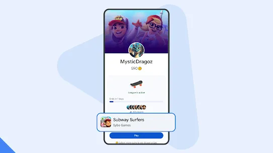 A phone screen shows a Play Games League for Subway Surfers.