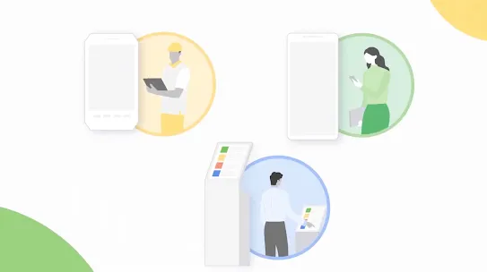 An illustration showing three different user types: a construction worker with a tablet, a professional woman with a smartphone, and a technician using a digital kiosk.