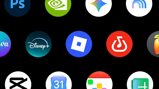 A selection of app icons available on Googlebook, including Adobe Photoshop, NVIDIA, Gemini, Disney+, Roblox, Capcut, and more.