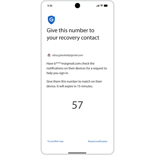 Selecting ‘try another way’ to log in to a Google Account on an Android phone, then selecting a recovery contact to help get back in.