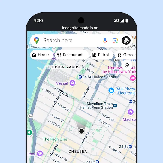 Visual of a smartphone with Google Maps open, with on-screen text showing that Incognito mode is on.