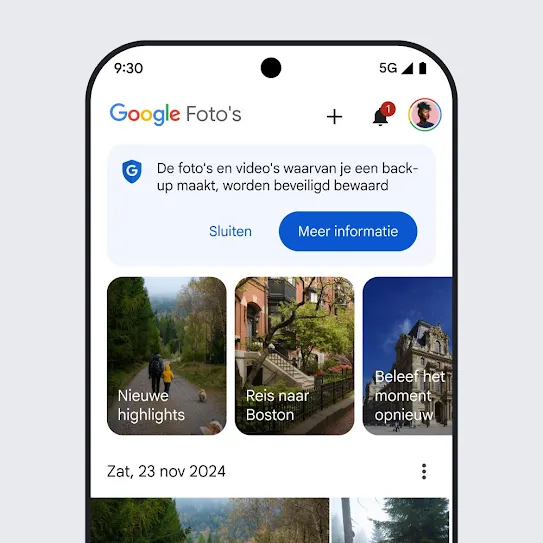 Visuele weergave van een smartphonescherm met Google Foto's geopend. Er wordt een beveiligingsbericht getoond met de tekst 'De foto's en video's waarvan je een back-up maakt, worden beveiligd bewaard' en een link voor meer informatie.