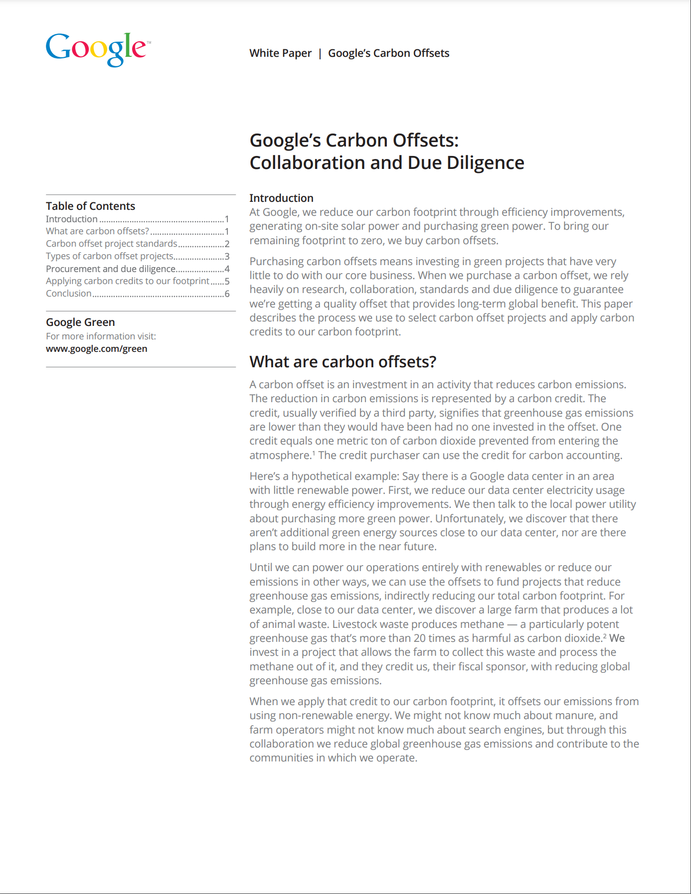 Cover image of a white paper titled: Google's Carbon Offsets: Collaboration and Due Diligence