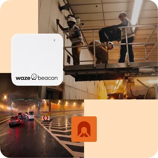Maintenance crew installing Waze Beacons in a road tunnel alongside traffic driving through an underground highway