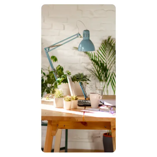 A blue adjustable desk lamp sits on a wooden desk alongside several potted plants, a white mug, a glass of water, and a laptop. The desk is positioned in front of a white brick wall, with sunlight streaming across the surface.