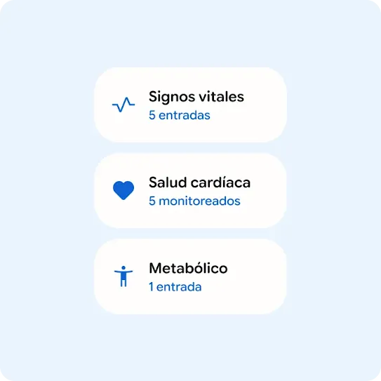 Datos vitales, 5 entradas. Salud cardíaca, 5 registros; datos metabólicos, 1 entrada