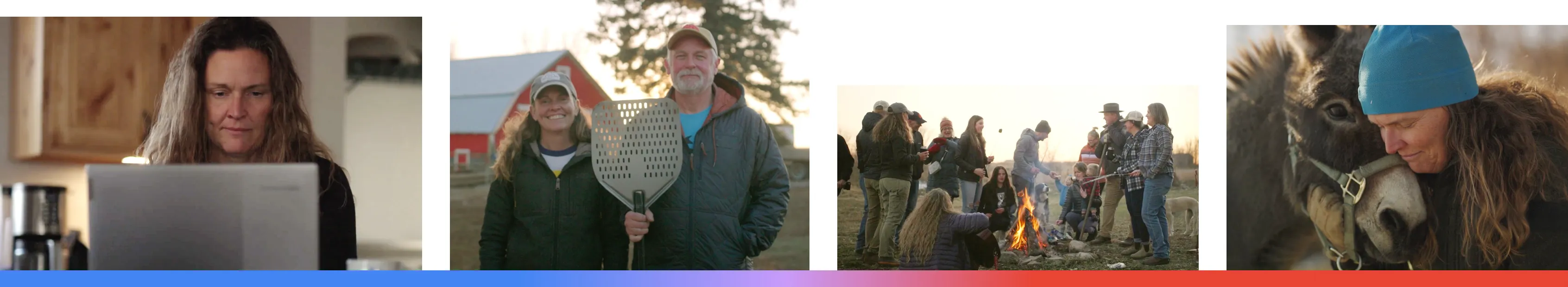 A four-part collage representing Good Earth Free Range Farm in South Dakota. It features a woman working on a laptop, a couple holding a pizza peel in front of a red barn, a community gathering around a campfire at sunset, and a woman sharing a quiet moment with a donkey.