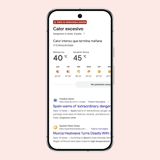 Pantalla de un smartphone con una alerta pública de Google Weather por calor excesivo en Añatuya, provincia de Santiago del Estero, Argentina. El panel muestra un pronóstico de calor intenso con temperaturas de hasta 37 grados Celsius y una sensación térmica de 44, junto con recomendaciones de seguridad de la GHHIN como mantenerse hidratado y buscar lugares frescos.