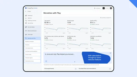 The Play Developer Console shows the "Monetize with Play" dashboard, which now features an animation with dynamic insights highlighting how Google Play helped the developer drive revenue.