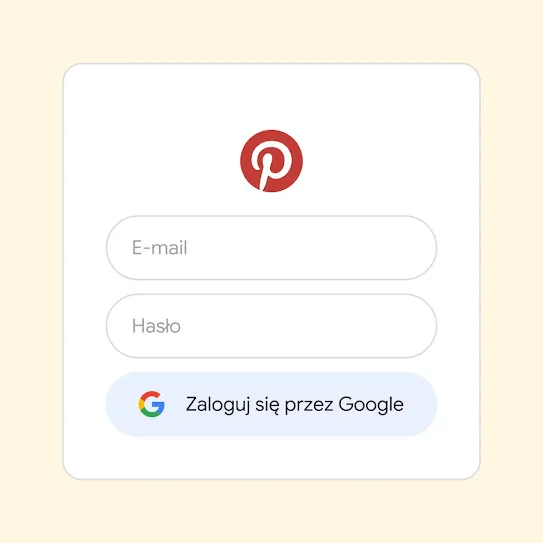 Interfejs użytkownika do logowania się w Pintereście za pomocą funkcji Zaloguj się przez Google.