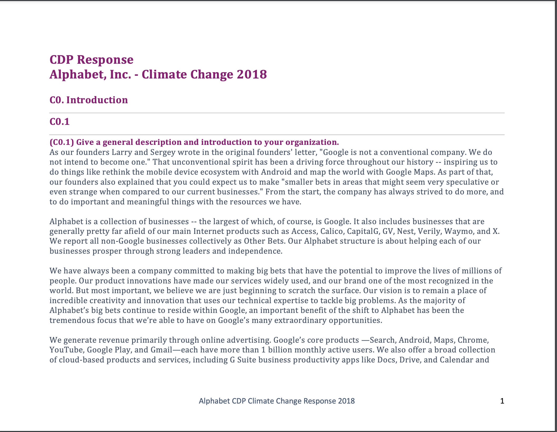 Cover image of Alphabet's 2018 CDP Climate Change Response