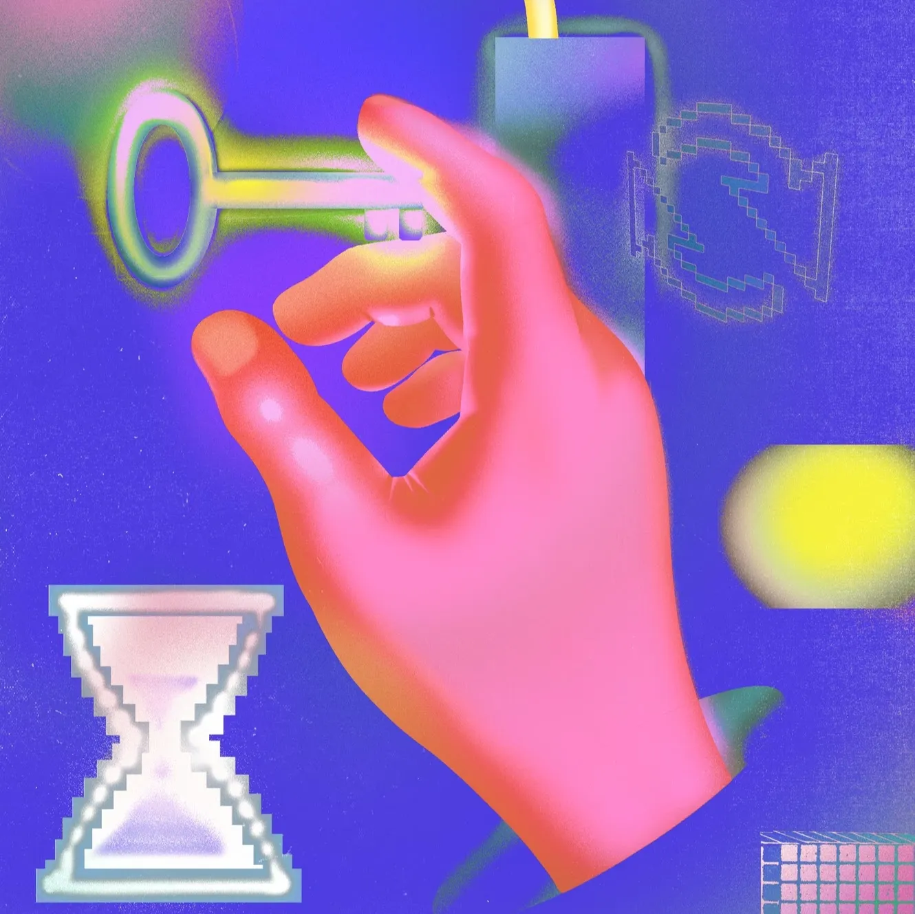 A surreal illustration of vaguely pixelated graphics in a retro 1990s style