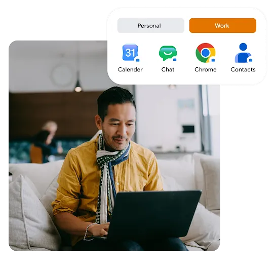 A man working on a laptop on a couch, with a graphic overlay showing a mobile interface switched to a "Work" profile featuring apps with briefcase badges.