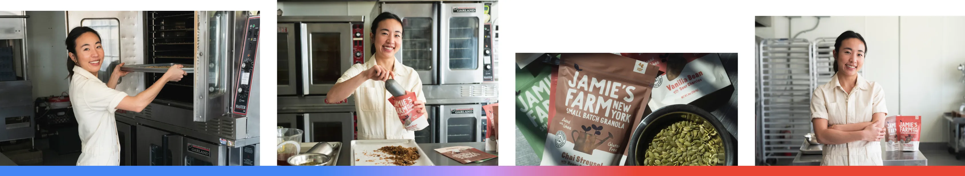 Four images of Jamie Kim, the owner of Jamie’s Farm, an artisanal New York-based granola brand.