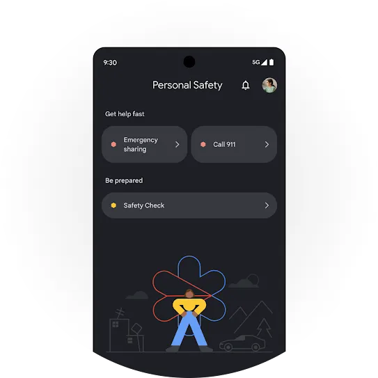 An Android screen showing the &quot;Personal Safety&quot; screen. Displayed is &quot;Get help fast&quot; with options for &quot;Emergency sharing&quot; and &quot;Call 911,&quot; and &quot;Be prepared&quot; with an option for &quot;Safety Check.&quot;