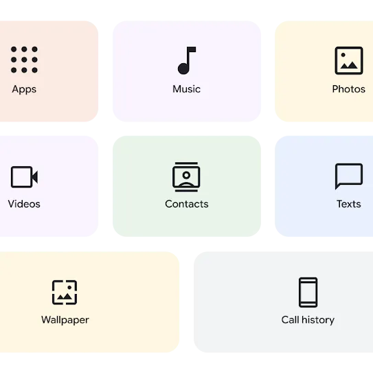 A grid of eight icons representing transferrable data categories: Apps, Music, Photos, Videos, Contacts, Texts, Wallpaper, and Call History.