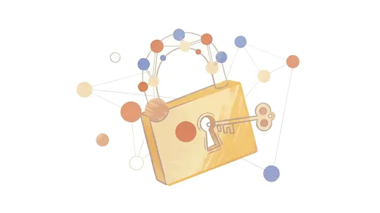 A soft-textured illustration of a large yellow padlock with a key inserted into the keyhole. The lock is surrounded by an abstract network of connected colorful dots and lines, representing complex cryptographic data protection.