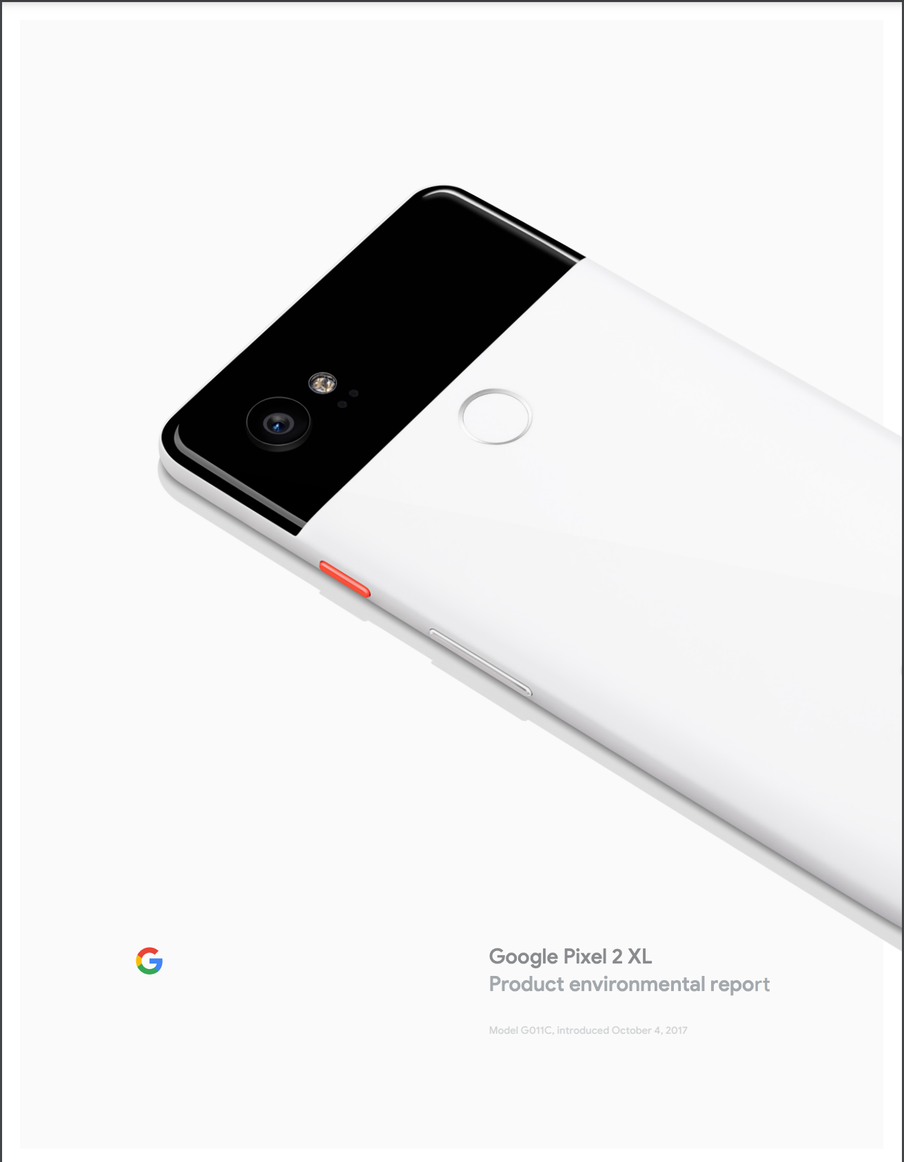 Cover image of the Google Pixel 2 XL Product Environmental Report