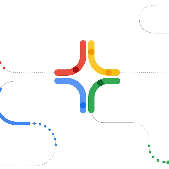An abstract digital illustration featuring the four Google colors (red, yellow, blue, and green). The design uses a combination of solid curved lines, thin gray wires, and dotted paths that converge toward a central four-pointed star shape. The paths resemble a schematic or transit map, symbolizing connectivity, data flow, and integration within a unified ecosystem.