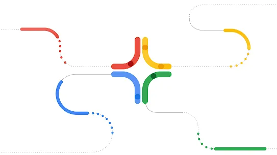 An abstract digital illustration featuring the four Google colors (red, yellow, blue, and green). The design uses a combination of solid curved lines, thin gray wires, and dotted paths that converge toward a central four-pointed star shape. The paths resemble a schematic or transit map, symbolizing connectivity, data flow, and integration within a unified ecosystem.