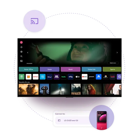 A TV screen displaying the Google TV interface and a Cast icon in the corner. Below is a smartphone displaying &quot;Connect to: LG OLED evo G3&quot; indicating a paired device.