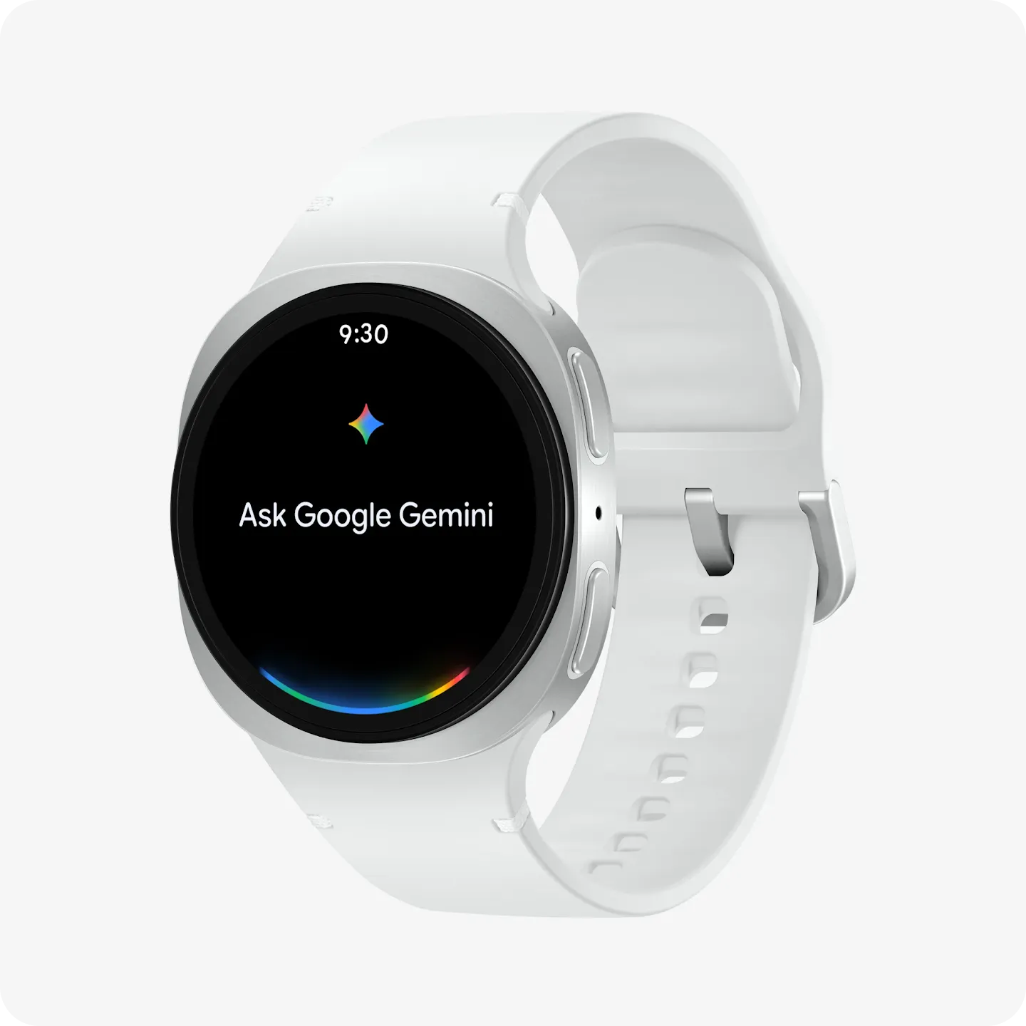 A white Galaxy Watch8 with the Gemini screen on the watch’s face.