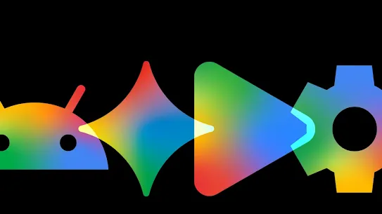 A row of colorful, translucent rainbow-gradient icons against a black background, featuring the Android robot head, a four-pointed sparkle, a play button, and a gear.