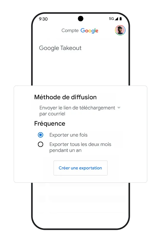 Image d'un téléphone affichant l'IU des options de portabilité des données.