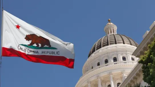 California state flag with the capitol building in the background 
