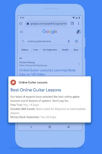 A mobile Google Search result with a blue overlay highlighting a specific ad callout for "Best Online Guitar Lessons," noting features like "Free Trial" and "Money Back Guarantee."