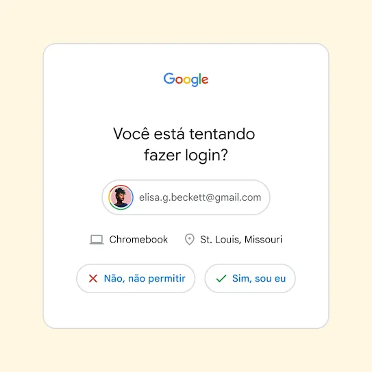 Interface da verificação em duas etapas perguntando "Você está tentando fazer login?" com botões para "Não, não permitir" e "Sim, sou eu".