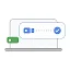 A clean vector illustration of a laptop silhouette with a verified security overlay. A blue floating modal shows a digital camera or sensor icon connected by a dotted line to a blue checkmark, symbolizing verified identity or secure processing. A green toggle switch is visible on the side, representing user control over security features.