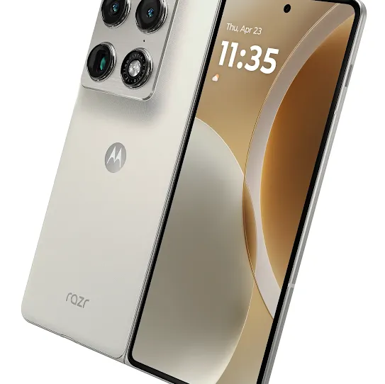 The Motorola Razr Fold in Lily White is completely unfolded showing the front and back of the phone.