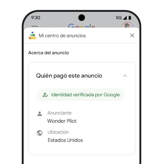 Simulación de la página “Quién pagó este anuncio” dentro de Mi centro de anuncios. 