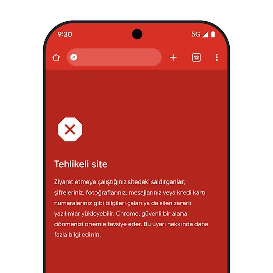 Chrome Tarayıcı'nın kullanıldığı akıllı telefon ekranı görseli. Ekranda tehlikeli bir siteyle ilgili uyarı, uygulanması önerilen adımlar ve bu uyarı hakkında daha fazla bilgi edinmek için bir bağlantı gösteriliyor. 