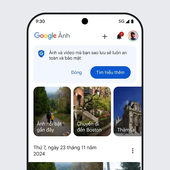 Hình ảnh màn hình điện thoại thông minh đang mở Google Photos, hiển thị một thông báo về bảo mật có nội dung "Ảnh và video bạn sao lưu sẽ được lưu trữ an toàn và bảo mật" cùng một đường liên kết để tìm hiểu thêm.