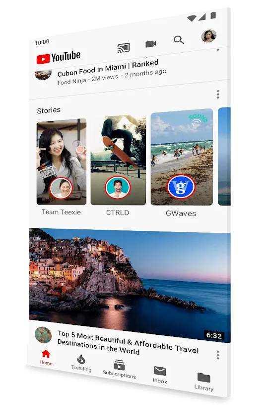 An image of the YouTube landing page on a phone.